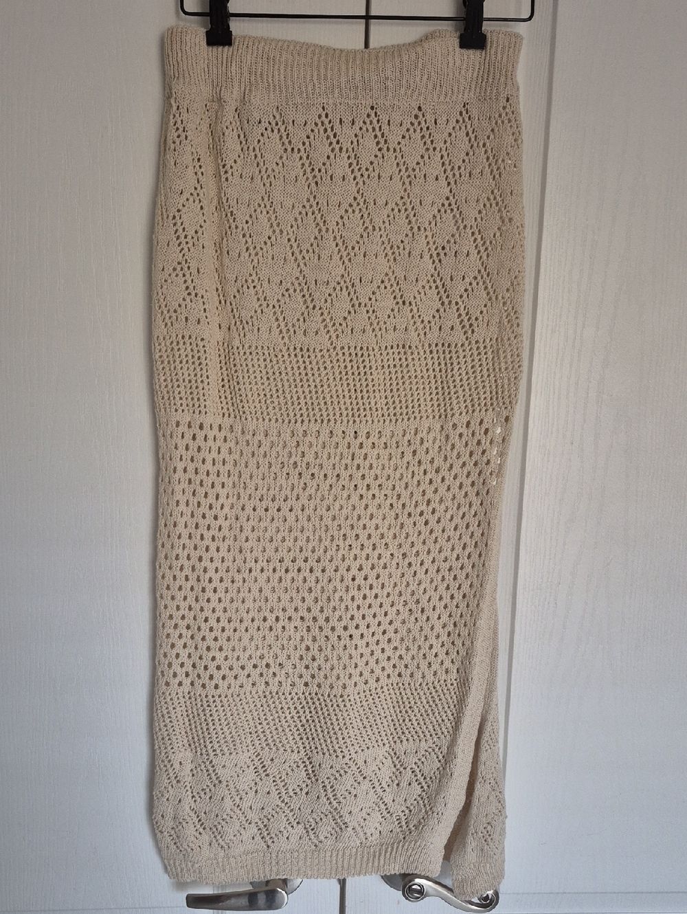 Beige Open-Knit Midi Skirt with Side Slit